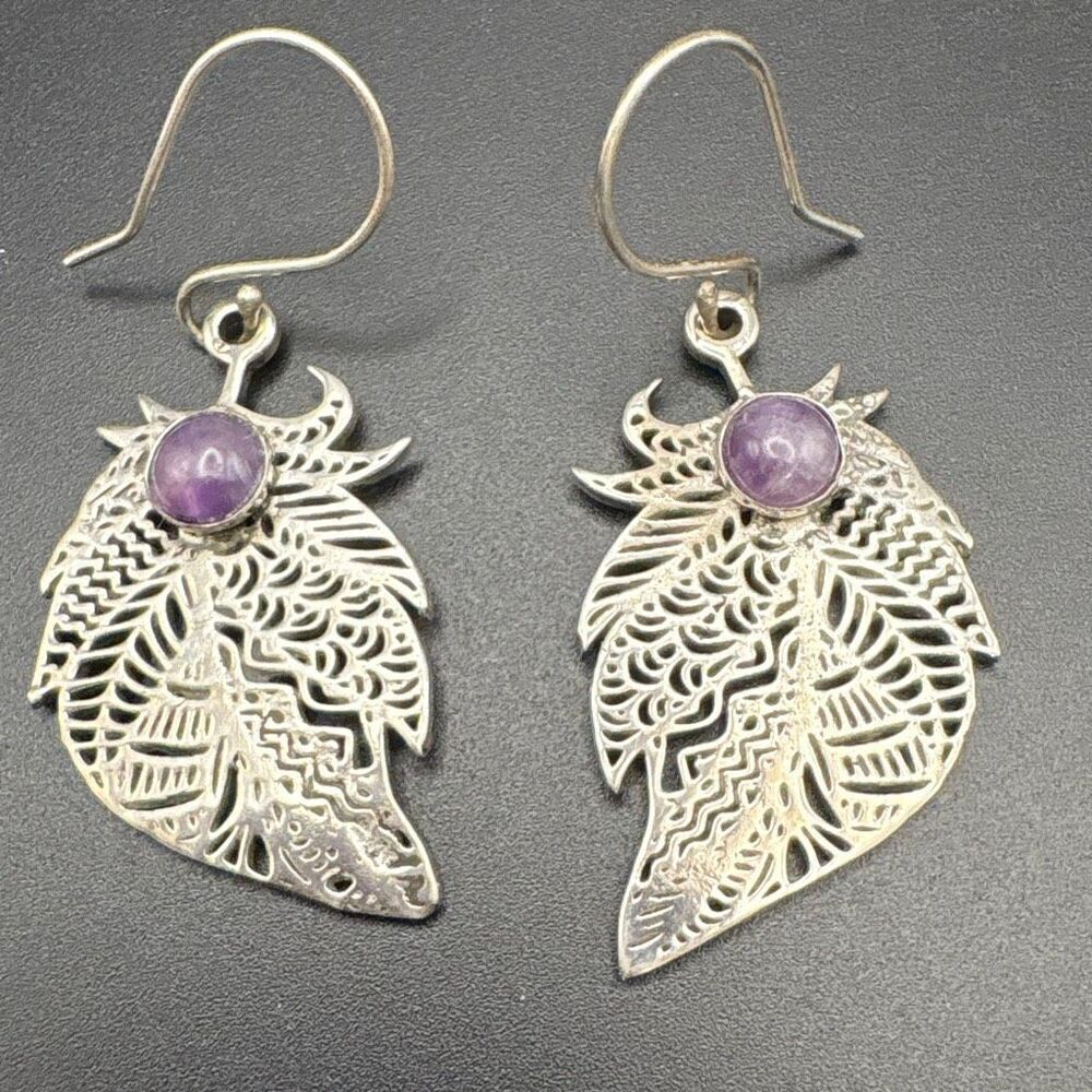 Sterling Silver and Amethyst Leaf Earrings, NEW, 2.75”, Handmade